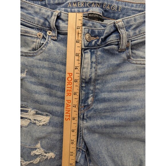 American Eagle Jeans Womens 8 Long Blue Super Hi Rise Flare Distressed Boho - Picture 4 of 15